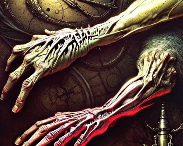 Image similar to human hand and forearm anatomy for artists fantasy art, ultra realistic, cinematic, wide angle, intricate details, highly detailed by greg rutkowski, wayne barlowe, aaron horkey, gaston bussiere, craig mullins, simon bisley, arthur rackham