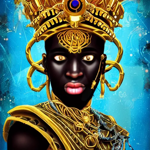 Image similar to a young black boy dressed like an african moorish warrior in gold armor and a crown with a ruby, posing with a very ornate glowing electric spear!!!!, elden ring character digital illustration portrait design, by android jones in a psychedelic fantasy style, dramatic lighting, hero pose, wide angle dynamic portrait