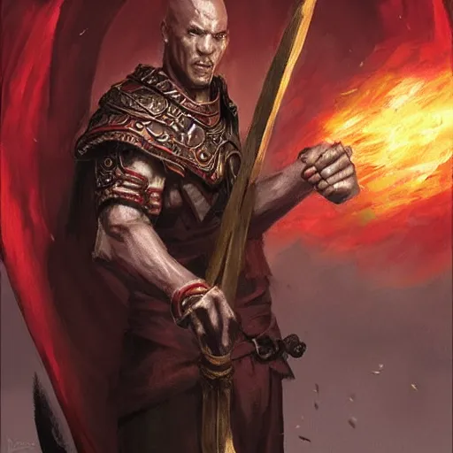 Image similar to a portrait of a red - skinned dragonborn monk with draconic face, in a plain white monk's robe white robe, holding a long spear with a black tip, fantasy art by greg rutkowski