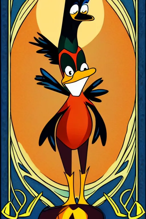 Image similar to epic professional digital art of the'fool tarot card with daffy duck ', painted, stunning, artistic, art nouveau, impressive, best on artstation, cgsociety, much wow, masterpiece