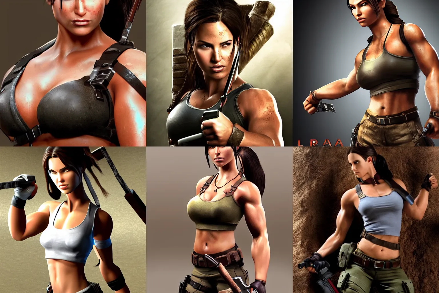 Prompt: Ridiculously muscular Lara Croft from Tomb Raider looking at the camera, studio quality, studio lighting, stunning, well detailed