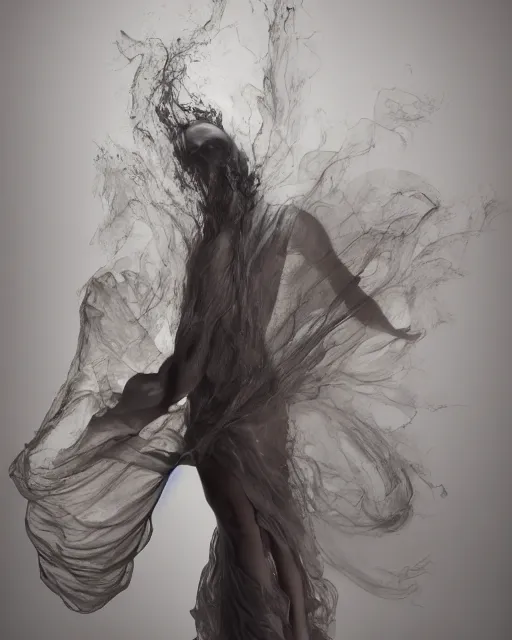 Prompt: mid shot render of an ethereal ghostlike figure fluid simulation in houdini dancing in dark smoke robes and silk veils by ilm, paolo roversi, nick knight, gill elvgren, beautiful futuristic simplified form distorted by turbulent movement, dark studio background, vivid depth, trending on artstation, hyperrealism, matte painting, dutch golden age, fine detail, cgsociety