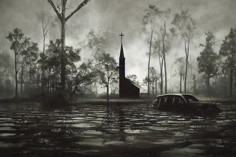 Image similar to scene from louisiana swamps, old protestant church with neon satanic pentagram, junkyard by the road, boy scout troop, voodoo artwork by tim eitel