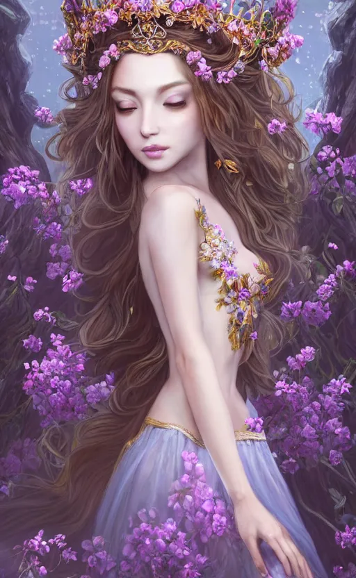 Image similar to A beautiful fantasy empress, highly detailed full body, just one head, amazing flower tiara, long hair, wearing aristocrat robe, delicate figure, field of flowers, among foxes and deer, epic composition, ultra wide-shot, dynamic pose, concept art, beautifully lit, person center composition, digital painting, smooth, character design, sharp focus, elegant, intricate, trending on artstation, by WLOP and James Jean and Victo Ngai