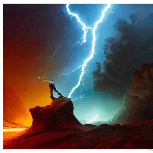 Image similar to UHD closeup of a Photorealistic Max Liquid, playing electric guitar during a wicked lightning storm on Mars, with a cool pose, by Antonio Caparo and Ferdinand Knab and Greg Rutkowski, UHD, photorealistic, trending on artstation, trending on deviantart