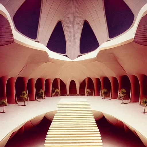 Image similar to interior of a futuristic lotus temple with gold, red and white marble panels, in the desert, by buckminster fuller and syd mead, intricate contemporary architecture, photo journalism, photography, cinematic, national geographic photoshoot