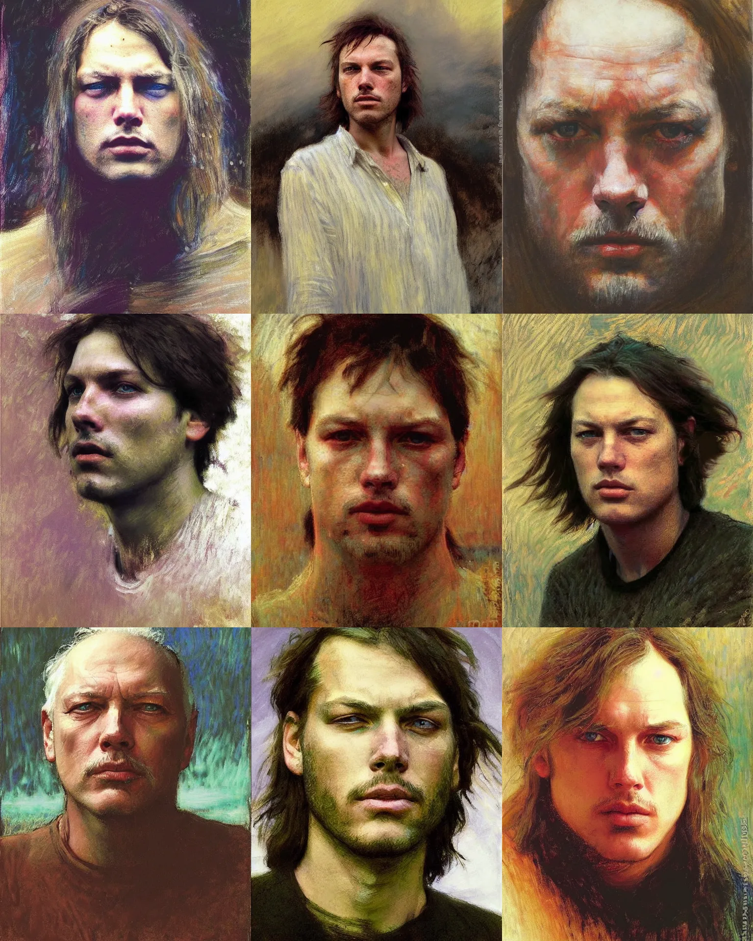 Prompt: david gilmour age 3 2 dramatic expression, pastel plein air portrait painting by ilya repin, john william waterhouse, thomas moran, studio ghibli, donato giancola, fashion photography, psychedelic