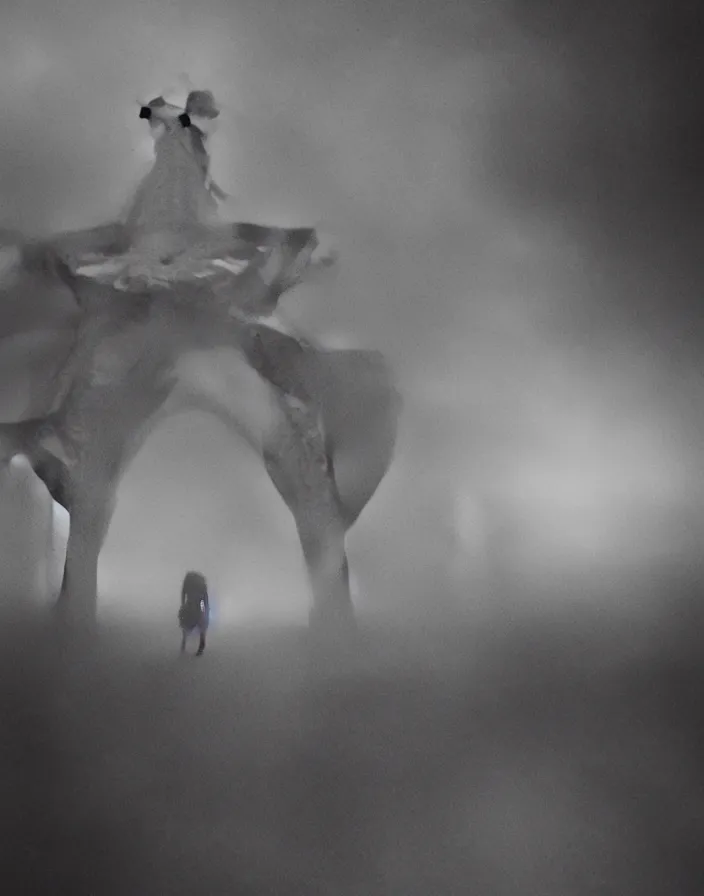 Image similar to very low - resolution found footage of a couple escaping in the city from a starfish kaiju monster, fog, foggy, korean film noir, monochrome, red hue, thriller, underdeveloped, epic, dramatic