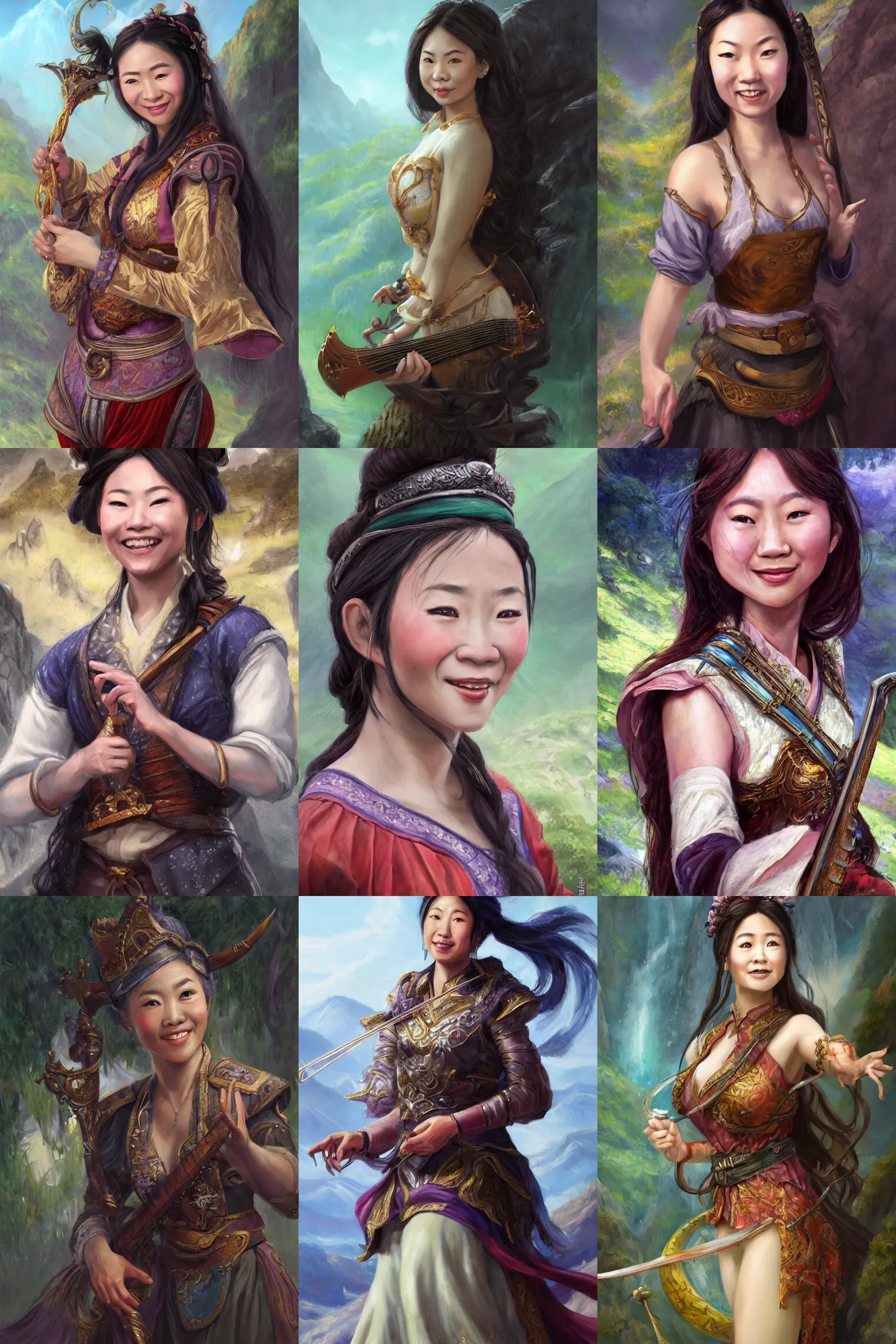 Prompt: a full body high detail fantasy portrait oil painting illustration of a single beautiful smiling bard half - asian woman by justin sweet with face and body clearly visible, in a scenic background, pretty eyes, realistic proportions, d & d, rpg, forgotten realms, artstation trending, high quality, sombre mood, artstation trending, muted colours, entire person visible!