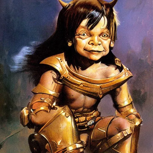 Prompt: portrait of ethereal young goblin princess in golden armour by Frazetta