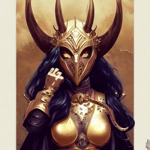 Prompt: A detailed matte painting of a masked demon woman with horns and a gold design on her mask, fully armored, manga, by Akihiko Yoshida and Peter Mohrbacher, trending in artstation