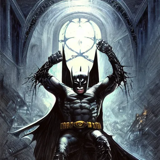 Image similar to low angle shot of a batman by clive barker, psychedelic, mind-bending, intricate, elegant, highly detailed, centered, digital painting, artstation, concept art, smooth, sharp focus, illustration, artgerm, Tomasz Alen Kopera, Peter Mohrbacher donato giancola, Joseph Christian Leyendecker, WLOP, Boris Vallejo.