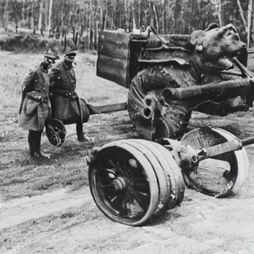 Image similar to a picture of a giant bear pulling a towed canon on wheel, eastern front, ww 2, historical picture