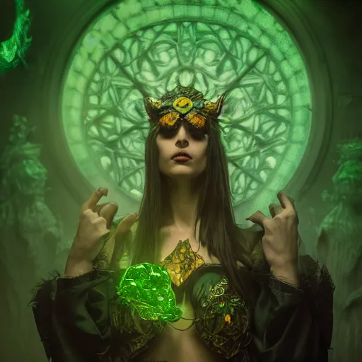 Prompt: a portrait of a necromancer, green aura ,Grim fantasy, D&D, HDR, natural light, shoulder level shot, dynamic pose, award winning photograph, Mucha style, 8k,