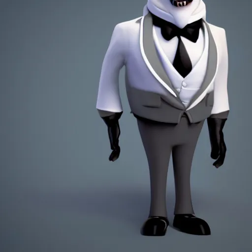 Image similar to 3 d render of a wolf as a gentleman wearing tuxedo in the pixar style, smooth render, unreal engine 5, wet reflections