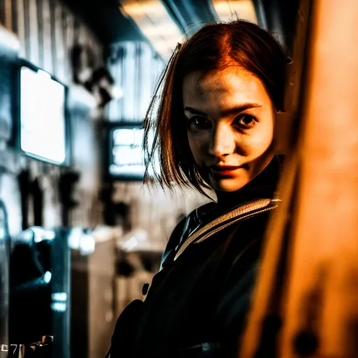 Image similar to photograph of a techwear mixed young woman inside a hidden busy speakeasy, closeup, brutalist design, sigma 85mm f/1.4, 4k, depth of field, high resolution, 4k, 8k, hd, full color