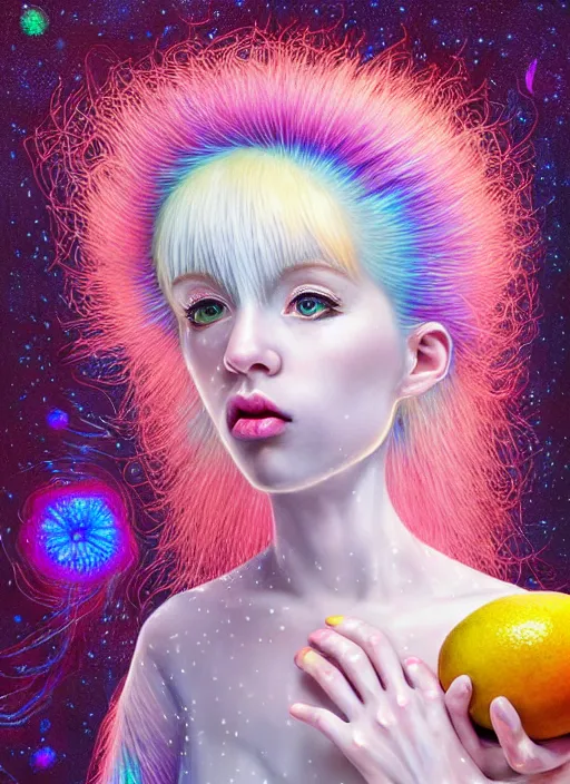 Image similar to hyper detailed 3d render like a Oil painting - kawaii portrait Aurora (white haired Singer Weasle) seen Eating of the Strangling network of yellowcake aerochrome and milky Fruit and Her delicate Hands hold of gossamer polyp blossoms bring iridescent fungal flowers whose spores black the foolish stars by Jacek Yerka, Ilya Kuvshinov, Mariusz Lewandowski, Houdini algorithmic generative render, Abstract brush strokes, Masterpiece, Edward Hopper and James Gilleard, Zdzislaw Beksinski, Mark Ryden, Wolfgang Lettl, hints of Yayoi Kasuma, octane render, 8k