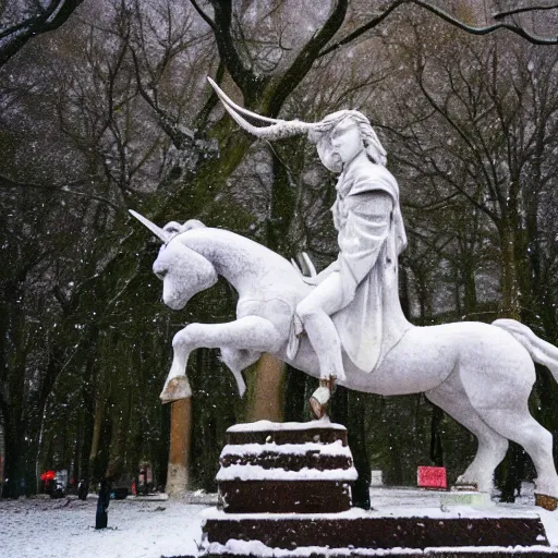 Image similar to of a statue of god riding a unicorn while wearing a jacket on a snowy day