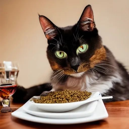 Image similar to A photo of a cat wearing a suit sitting in a fancy and expensive gourmet restaurant and eating a plate of cat food. f/2.8, dim lighting, award winning photo