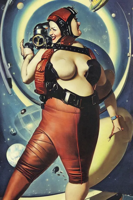 Prompt: 5 0 s pulp scifi fantasy illustration full body portrait laughing overweight woman in leather spacesuit, space scene, by norman rockwell, roberto ferri, daniel gerhartz, edd cartier, jack kirby, howard v brown, ruan jia, tom lovell, frank r paul, jacob collins, dean cornwell, astounding stories, amazing, fantasy, other worlds