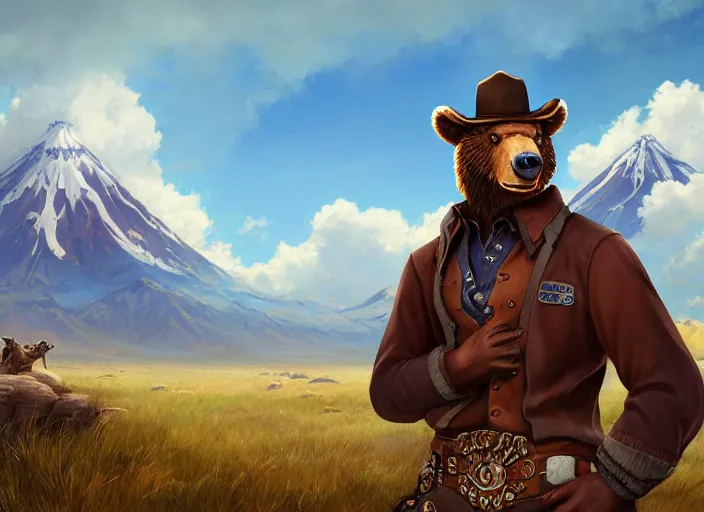 Image similar to character portrait feature of the anthro male anthropomorphic kamchatka brown bear fursona wearing cowboy outfit wild west desperado character design stylized by charlie bowater, ross tran, artgerm, and makoto shinkai, detailed, soft lighting, rendered in octane