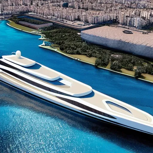 Prompt: aerial view of the new residential Mega Yacht ‘Somnio’ the largest yacht in the world , full view of the boat, this 728 feet boat mansion have 39 apartments across 32 floors. luxury, very design, gofl course and swimming, luxury equipment