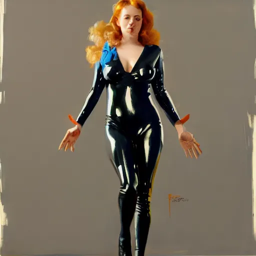 Image similar to greg manchess portrait painting of addison rae wearing a latex suit, medium shot, organic painting, sunny day, matte painting, bold shapes, hard edges, street art, trending on artstation, by huang guangjian and gil elvgren and sachin teng