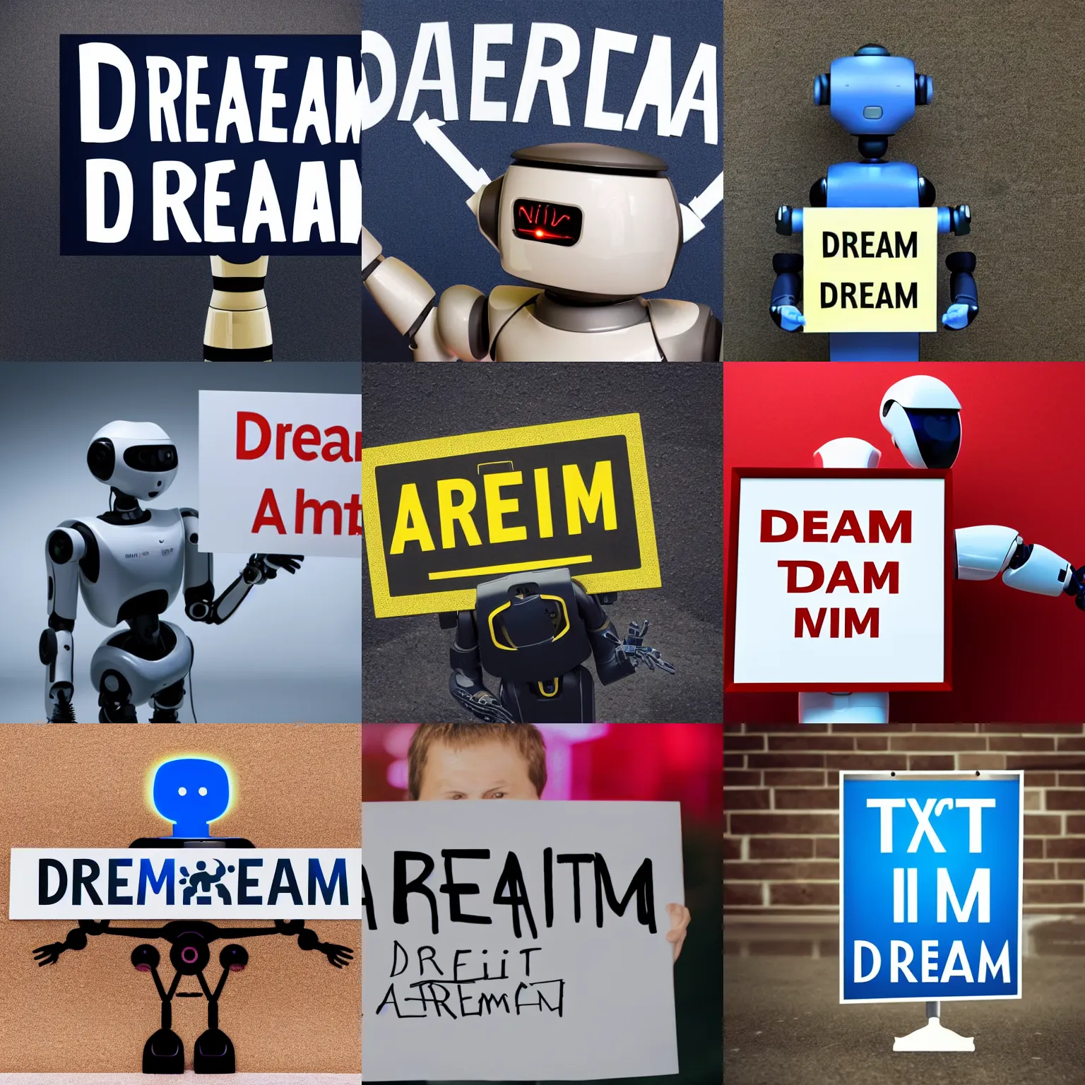 Image similar to photo of artificial intelligence robot holding a sign with text that reads : dream