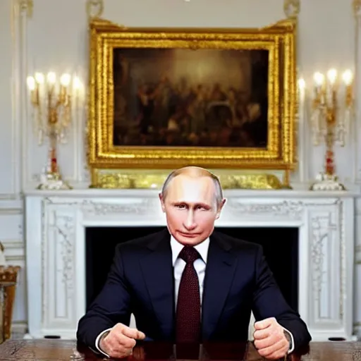 Prompt: portrait vladimir putin looking into a log fire smirking reflections lighting clasical