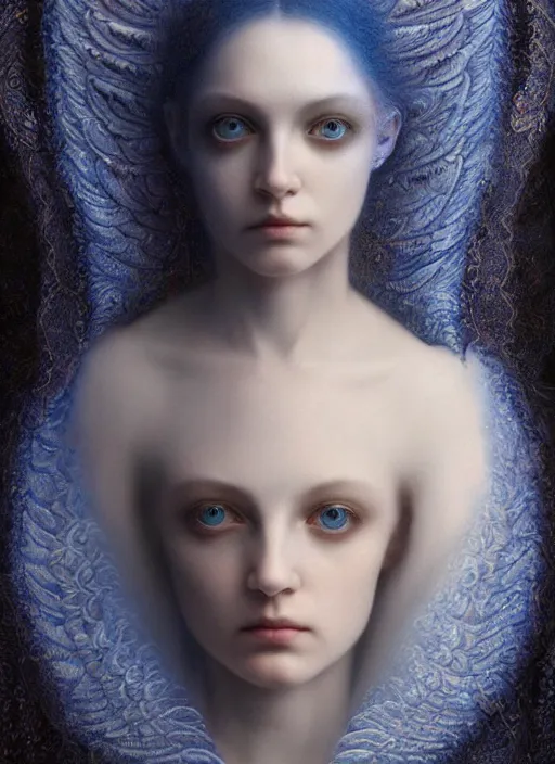 Image similar to Her huge ominous glowing blue eyes staring into my soul , perfect eyes, soft pale white skin, intricate stunning highly detailed, agostino arrivabene, artgerm, twisted dark lucid dream, 8k portrait render, raven angel wings, swirling thick smoke , beautiful lighting, dark fantasy art, cgsociety