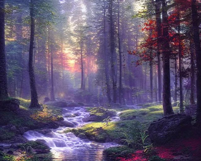 Prompt: a swedish forest in the morning, hyperrealistic, highly detailed, beautiful oil painting by thomas kinkade and ross tran