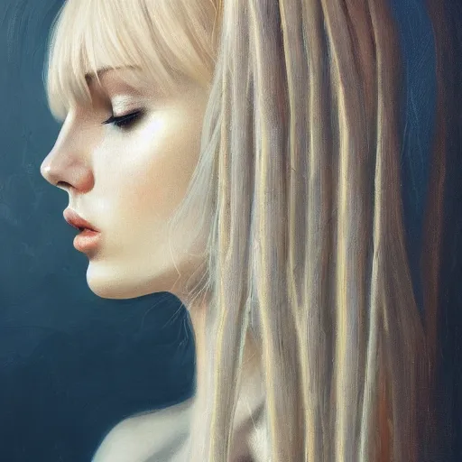 Image similar to a symmetrical portrait of a blonde woman with plants in hair, oil painting, pale colors, high detail, 8 k, wide angle, trending on artstation,