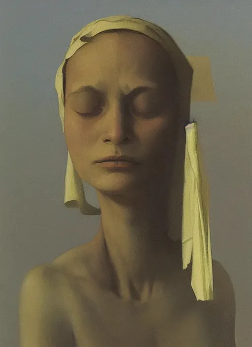 Image similar to woman with a paper bag over the head and a sward Edward Hopper and James Gilleard, Zdzislaw Beksinski, Steven Outram highly detailed