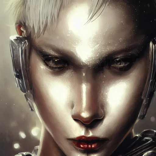 Image similar to extreme close up, facial portrait, woman in white sci - fi armor, mechanical armor, cybernetic hands, striking pose, portrait dnd, nier 2 b, painting by gaston bussiere, craig mullins, greg rutkowski, yoji shinkawa, artgerm