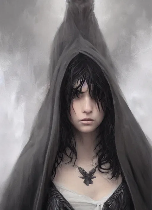 Prompt: a teenage girl with very short black hair and a huge cloak made of grey and black raven feathers. mist swirls around her. beautiful highly detailed face. beautiful painting by artgerm and greg rutkowski and raymond swanland