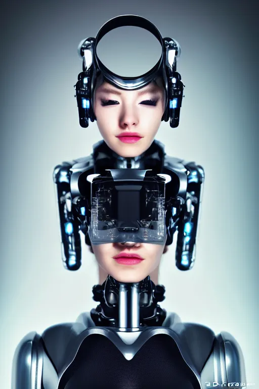 Image similar to cybernetic high tech female android with cat on her head, sci - fi, cyberpunk, futurism, exoskeleton, robotic, symmetry, cinematic, elegant, professional studio light, perfect composition, dlsr photography, sharp focus, 8 k, ultra hd, sense of awe, highly detailed, hyper realistic, intricate, science journal cover