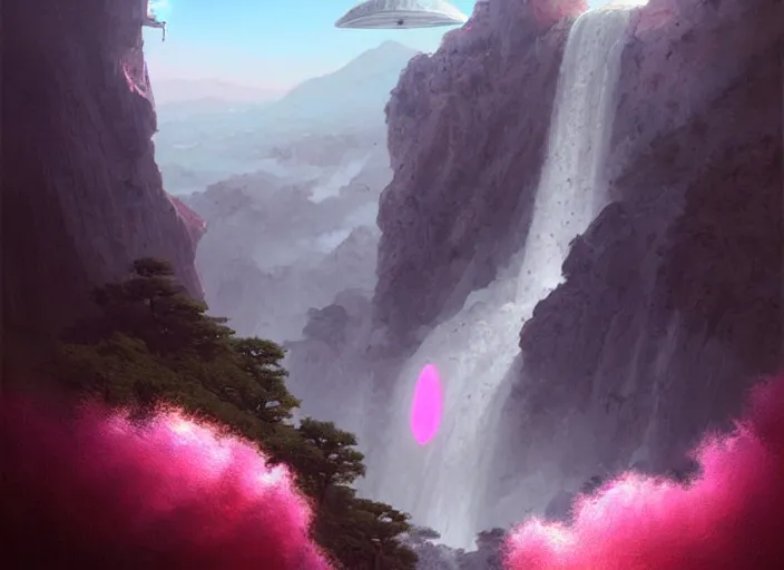 Image similar to Where ufo and aircraft fly in the sky. There is a high mountain and right next to it is a pink waterfall. Fantasy digital painting by Greg Rutkowski. Fantasy. Digital painting. Greg Rutkowski. Fantasy artwork.