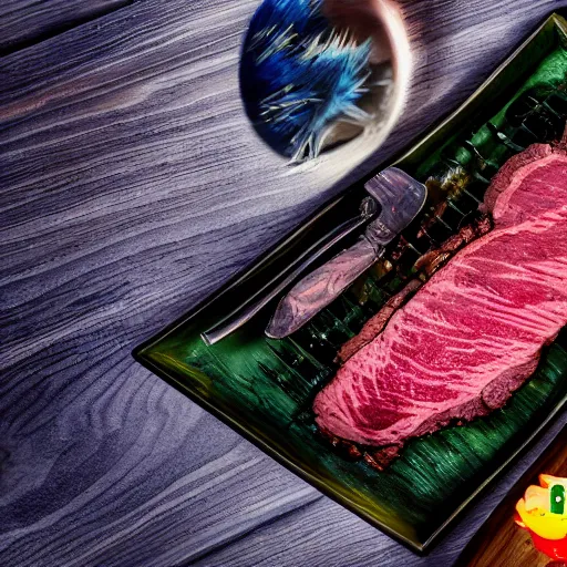 Prompt: sonic the hedgehog eating steak trending on unsplash 4 k photorealism award winning contest winner 4 k 8 k intricate detailed hd wide screen wide - angle 8 k quality