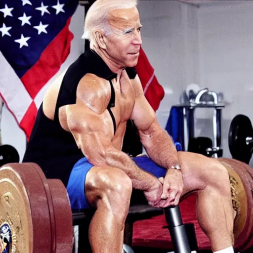 Image similar to joe biden being a bodybuilder doing weights, in the gym