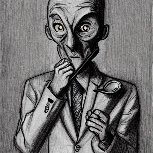 Image similar to drawing a stern and pale man in a beige peak lapel suit holding up a spoon in his hand in a menacing and threatening way, chiaroscuro, medium full shot, character design concept art