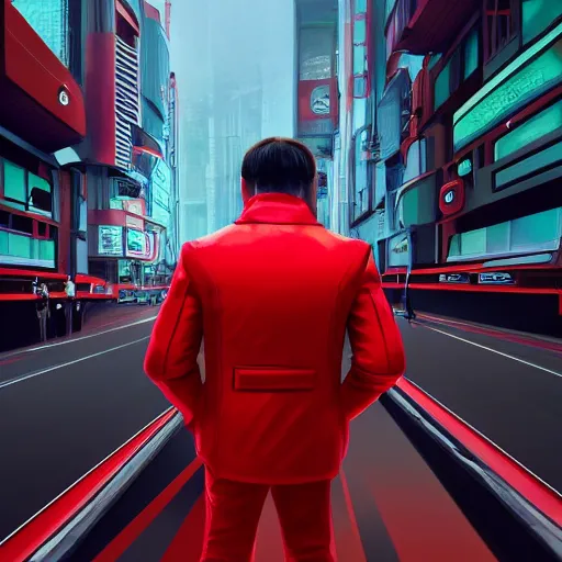 Prompt: isometric view of a man with a red jacket from behind. a red futuristic racing motorbike in front of the man. pencil drawing, panoramic view, wide angle, photo realistic, hyper realistic, dynamic lighting, cyberpunk, ultra detailed, sharp focus, digital illustration, concept art trending on artstation