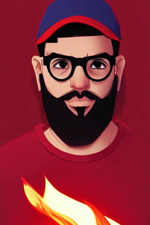 Prompt: character art by ilya kuvshinov, young ducktail bearded middle eastern american male with wayfarer glasses and red cap, on fire, fire powers