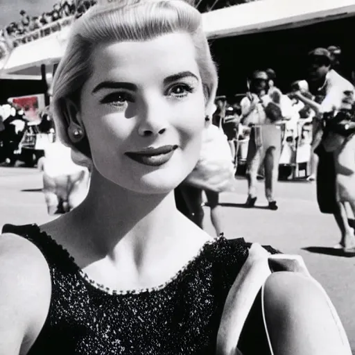 Image similar to selfie smartphone photo of a young Grace Kelly at the Monaco Gran Prix, F1 cars blurred in background, iphone photo, smartphone resolution, trending on instagram, influencer photography