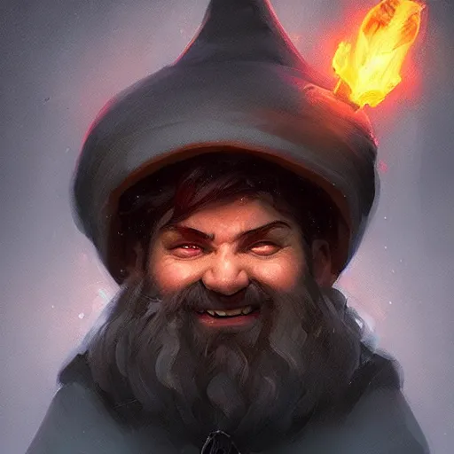 Image similar to Portrait of a young gnome wizard, epic, ominous, cinematic, art by artgerm and greg rutkowski, trending on artstation.