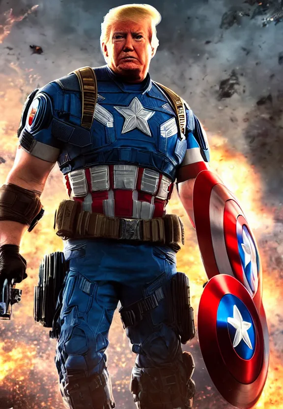 Image similar to Portrait of Donald Trump as captain america in Gears of War, splash art, movie still, cinematic lighting, dramatic, octane render, long lens, shallow depth of field, bokeh, anamorphic lens flare, 8k, hyper detailed, 35mm film grain