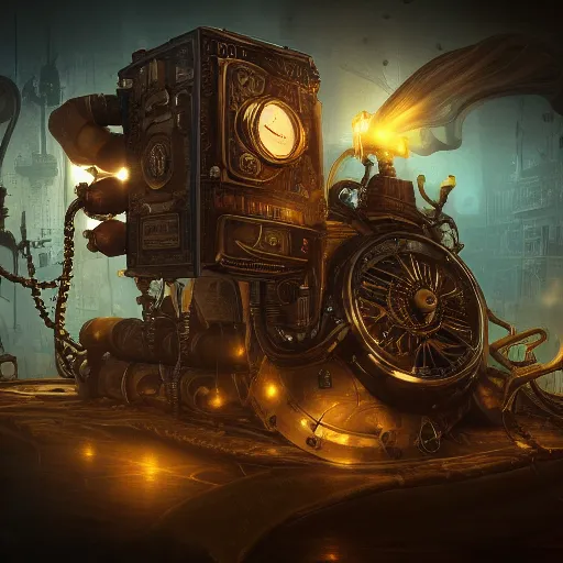 Prompt: steampunk gaming computer, powerful, dramatic lighting, intricate, wild, highly detailed, digital painting, cinematic, artstation, concept art, sharp edges and focus, illustration, design