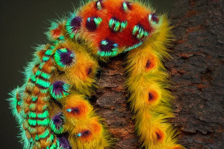 Image similar to hickory horned devil ( regal moth ) caterpillar award winning nature photography, cgi character design psychedelic colors, fluffy long hair, amazing design