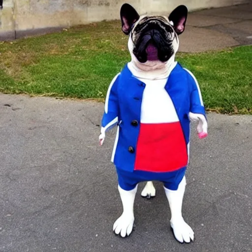 Image similar to a french bull dog dressed as eleven from stranger things