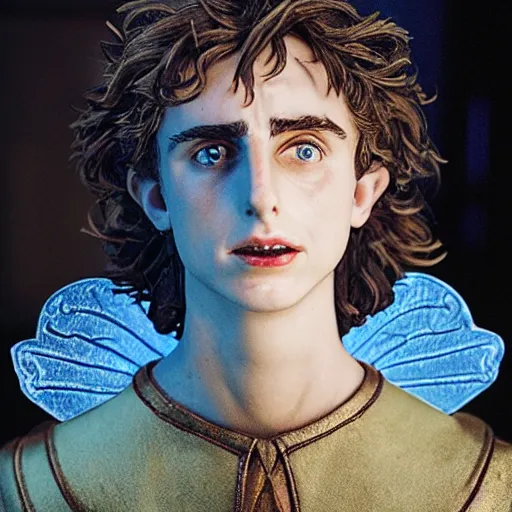 Prompt: action 7 0 mm medieval fantasy head and shoulders portrait photo of timothy chalamet as a six - inch tall winged magical pixie, photo by philip - daniel ducasse and yasuhiro wakabayashi and jody rogac and roger deakins