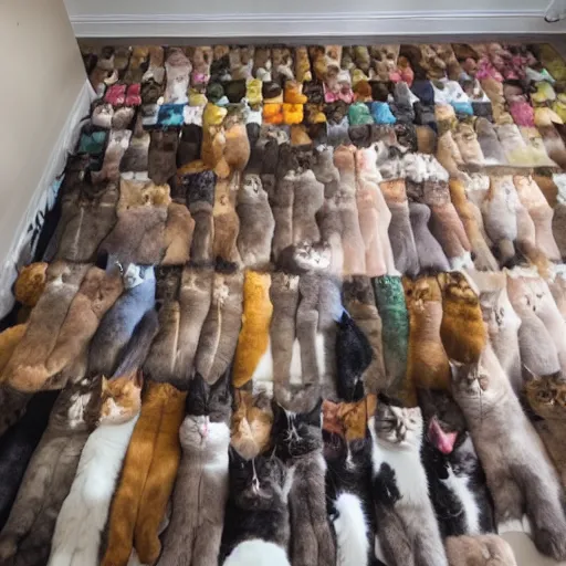 Image similar to color studio photo of a cats filled floor to ceiling in a bedroom